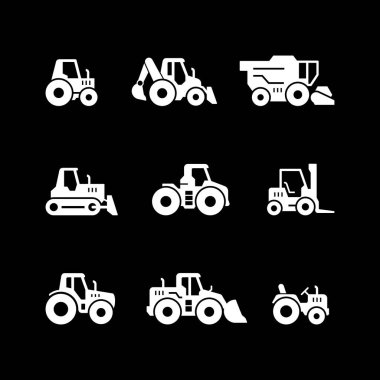 Siyaha izole edilmiş traktörlerin kabartma simgelerini ayarla. Hasat makinesi, buldozer, forklift, ön yükleyici, toprak taşıyıcı, tarım ve endüstriyel araç. Vektör illüstrasyonu