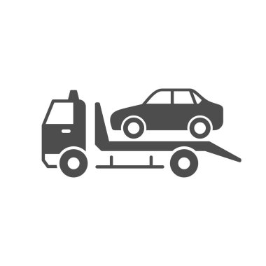 Car evacuation service glyph icon isolated on white. Road accident, parking transport, tow truck. Vector illustration