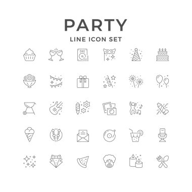 Set line icons of party isolated on white. Ice cream, snack, dress code, cupcake, clinking glass, confetti, grill, cake, glower bouquet, clown, guitar music, decoration. Vector illustration