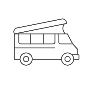 Camper van line outline icon isolated on white. Recreational vehicle. Mobile home. Vector illustration