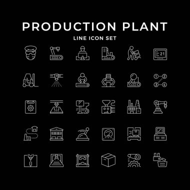 Üretim tesisinin simgelerini siyaha ayır. Fabrika işçisi, forklift, robot resim, taşıma bandı, pano, lazer kesici, endüstriyel robot, depo. Vektör illüstrasyonu