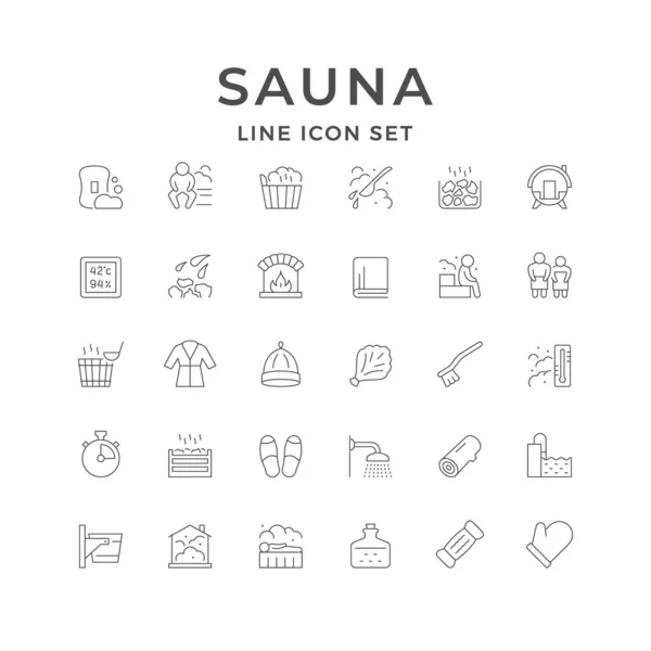 Set Line Icons Sauna Isolated White Shower Time Thermometer Hygrometer — ストックベクタ