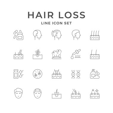 Saç kaybının simgelerini beyaza yalıt. Serum, nakil süreci, güzellik enjeksiyonu, şampuan. Vektör illüstrasyonu