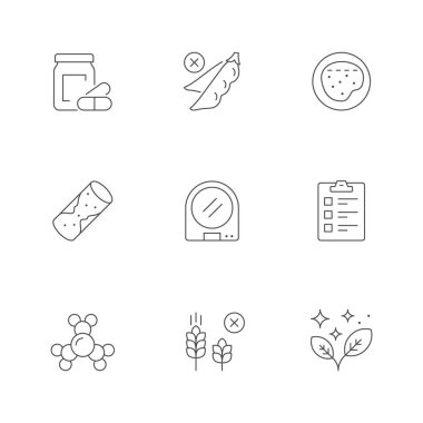 Beslenme simgelerini beyaza ayır. Glütensiz, mutfak terazisi, porsiyon küçültme, yağ besin, gıda takviyesi, kolesterol, eko ürün. Vektör illüstrasyonu