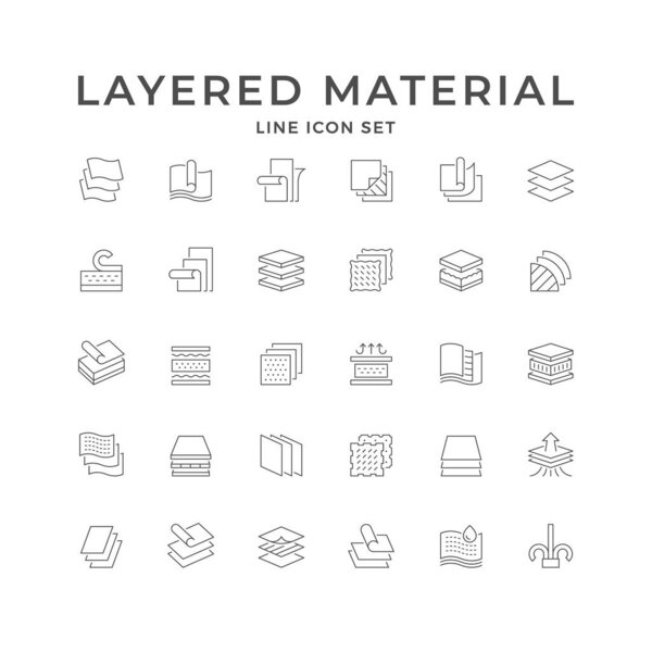 Set line icons of layered material isolated on white. Textile label, fabric structure, waterproof, air flow. Vector illustration