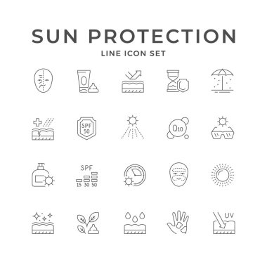 Güneş koruma simgelerini beyaza yalıt. Q10, güneş gözlüğü, kırışıklık, SPF, cilt bakımı, krem ya da nemlendirici, bronzlaşma kozmetiği. Vektör illüstrasyonu