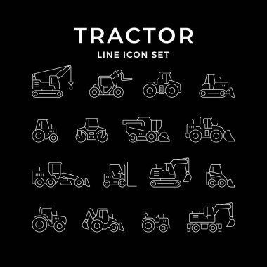 Traktörlerin çizgi simgelerini siyaha ayır. Hasat makinesi, buldozer, forklift, ön yükleyici, toprak taşıyıcı, yol silindiri, not ortalaması. Vektör illüstrasyonu