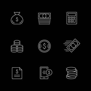Paranın simgelerini siyaha ayır. Para yığını, kağıt para, hesap makinesi, finans belgesi, yatırım işi, nakit, kredi, ödeme, vergi, tasarruf. Vektör illüstrasyonu