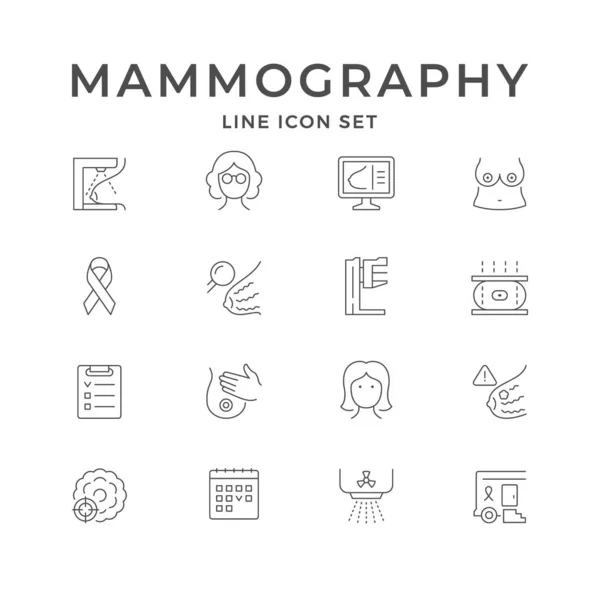 Ustaw Ikony Linii Mammografii Izolowane Białym Starsza Młoda Kobieta Sprzęt — Wektor stockowy