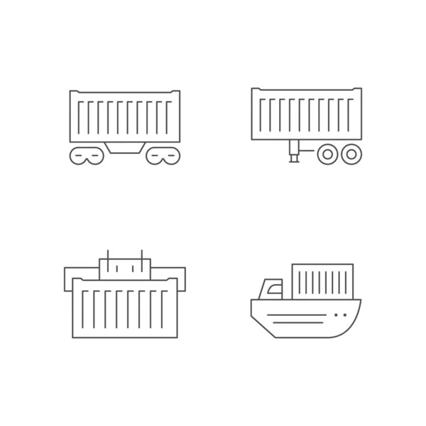 白い上に隔離された貨物コンテナのラインアイコンを設定します 鉄道や自動車の貨物 物流ビジネス 国際貿易 クレーンのロード ベクターイラスト — ストックベクタ