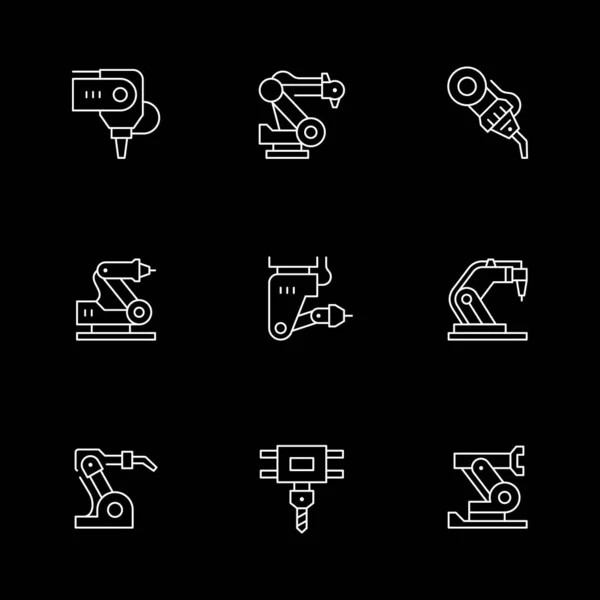 Setzen Sie Symbole Der Roboterindustrie Isoliert Auf Schwarz Roboterarm Produktionsfabrik — Stockvektor