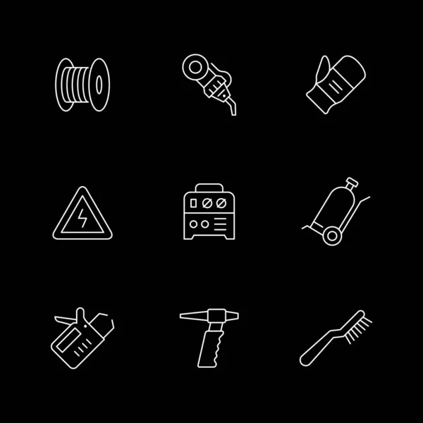 Liniensymbole Des Schweißens Isoliert Auf Schwarz Setzen Roboterausrüstung Draht Schutzhandschuh — Stockvektor