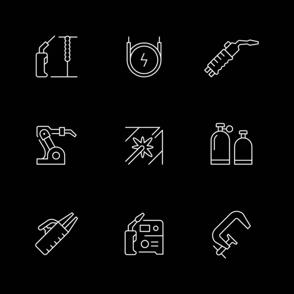 Liniensymbole Des Schweißens Isoliert Auf Schwarz Setzen Roboterausrüstung Taschenlampe Gastank — Stockvektor