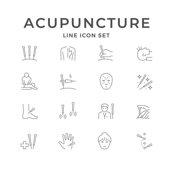 Stel Lijn Pictogrammen Van Acupunctuur Geïsoleerd Wit Punten Regeling Acupuncturist — Stockvector