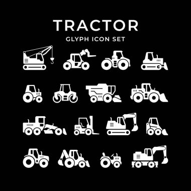 Siyaha izole edilmiş traktörlerin kabartma simgelerini ayarla. Hasat makinesi, buldozer, forklift, ön yükleyici, toprak taşıyıcı, yol silindiri, not ortalaması. Vektör illüstrasyonu