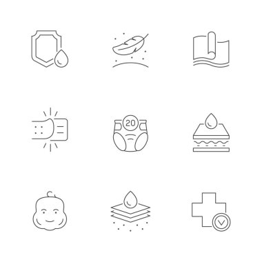 Bebek bezi simgelerini beyaza ayır. Yumuşak malzeme, çok katmanlı, sızıntı önleyici, emici, bağlayıcı bant, yeni doğan hijyen, bebek, tıbbi onay. Vektör illüstrasyonu