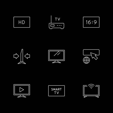 Televizyonun çizgi simgelerini siyaha ayır. Görünüm oranı, HD, internet tarayıcısı, video, monitör veya ekran. Vektör illüstrasyonu