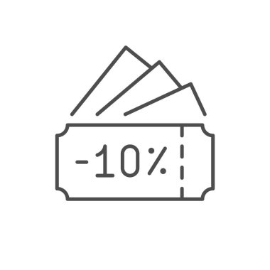 İndirimli kupon hattı ana hatları simgesi beyaza izole edildi. Vektör illüstrasyonu