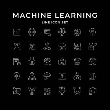 Set line icons of machine learning isolated on black. Artificial intelligence, robot or bot, algorithm, cyber technology, digital brain, automation. Vector illustration