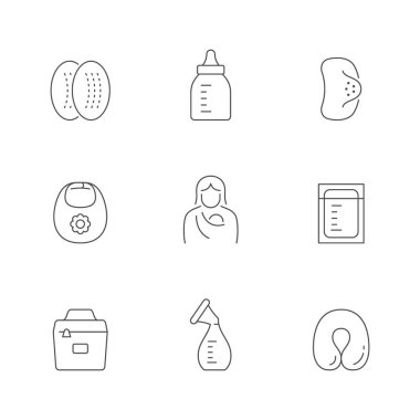 Emzirmenin simgelerini beyaza ayır. Emzirme, elle göğüs pompası, süt şişesi, soğutucu poşeti, meme ucu koruyucusu, hemşire pedleri. Vektör illüstrasyonu