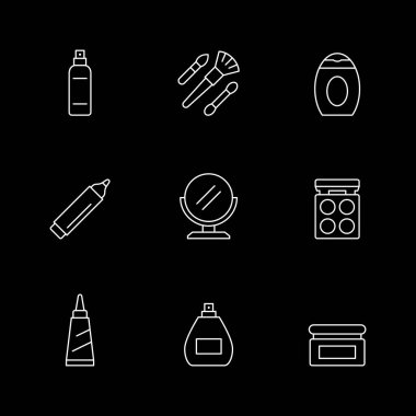 Siyaha izole edilmiş kozmetik ürünleri. Sprey, fırça, şampuan, jöle, ayna, parfüm, krem, göz farı. Cilt bakımı. Makyaj. Vektör illüstrasyonu