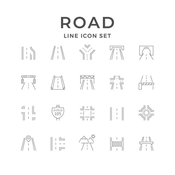 Set Line Icons Road Isolated White Highway Tunnel Crossroad Vector — 图库矢量图片