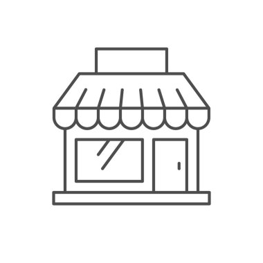 Dükkan inşa çizgisi simgesi beyaza izole edildi. Fırın, market, süpermarket, butik, restoran, küçük işletme, tente illüstrasyonu