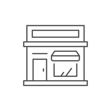 Dükkan inşa çizgisi simgesi beyaza izole edildi. Alışveriş merkezi, market, süpermarket, butik, restoran, küçük işletme. Vektör illüstrasyonu