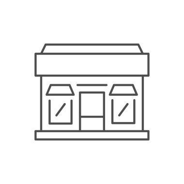 Dükkan inşa çizgisi simgesi beyaza izole edildi. Alışveriş merkezi, market, süpermarket, butik, restoran, küçük işletme, salon, berber dükkanı illüstrasyon