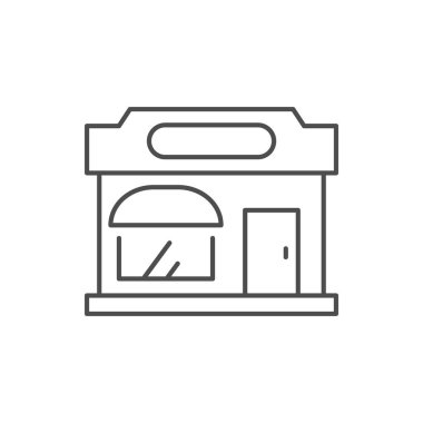 Dükkan inşa çizgisi simgesi beyaza izole edildi. Alışveriş merkezi, market, süpermarket, butik, restoran, küçük işletme, salon, berber dükkanı illüstrasyon