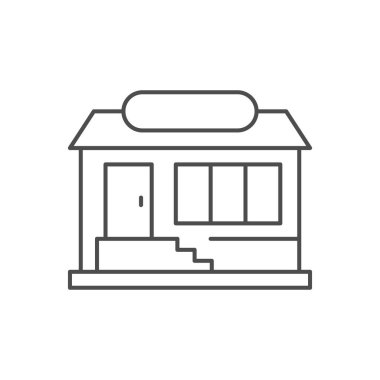Dükkan inşa çizgisi simgesi beyaza izole edildi. Alışveriş merkezi, market, süpermarket, butik, restoran, küçük işletme, salon, berber dükkanı illüstrasyon