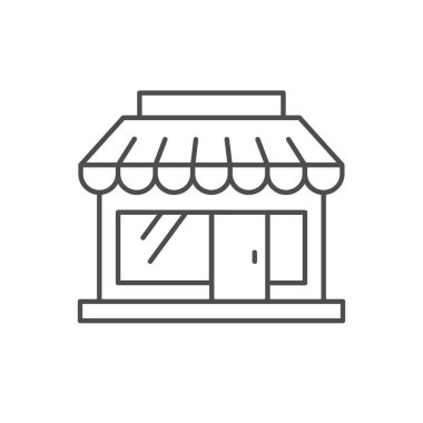 Dükkan inşa çizgisi simgesi beyaza izole edildi. Fırın, market, süpermarket, butik, restoran, küçük işletme, tente illüstrasyonu
