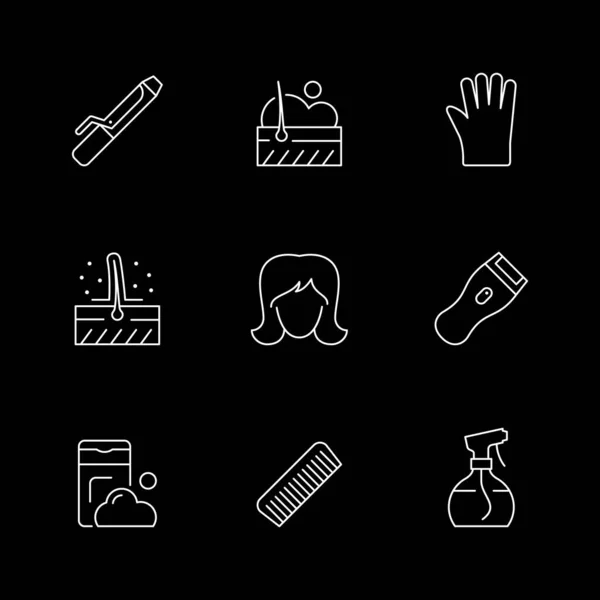 Set Line Icons Hair Isolated Black Curling Iron Glove Shampoo — Stock Vector
