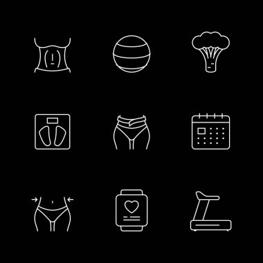 Formda olmanın simgelerini siyaha ayır. Fit top, sağlıklı yiyecek, terazi, bel ölçüsü, akıllı saat, spor egzersizleri, koşu bandı, takvim, zayıflatma. Vektör illüstrasyonu