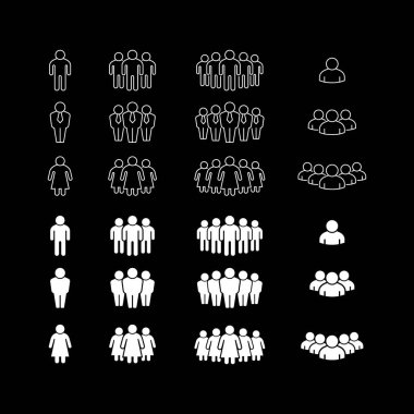Siyaha izole edilmiş insan gruplarının çizgi ve sembol çizgileri. Kalabalık, takım çalışması, personel, işbirliği, insan kaynakları, toplantı. Vektör illüstrasyonu