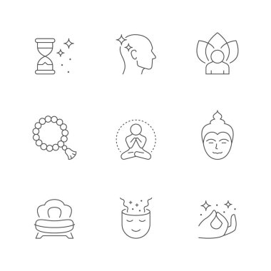 Meditasyonun çizgi simgelerini beyaza ayır. Sandalye, zaman, tespih, boncuk, Buda, el pozu, yoga, asana, aydınlanma, rahatlama, nilüfer çiçeği, zen. Vektör illüstrasyonu