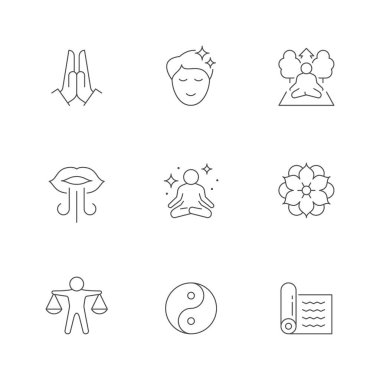Meditasyonun çizgi simgelerini beyaza ayır. Mat, denge, zeka, dua, yin yang, yoga, asana, aydınlanma, sağIık, mandala, rahatlama, lotus duruşu, zen. Vektör illüstrasyonu