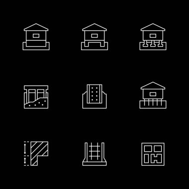 Temeldeki simgeleri siyaha ayır. İnşaat endüstrisi, inşaat süreci, beton ya da çimento, bodrum katı, ev yapısı. Vektör illüstrasyonu