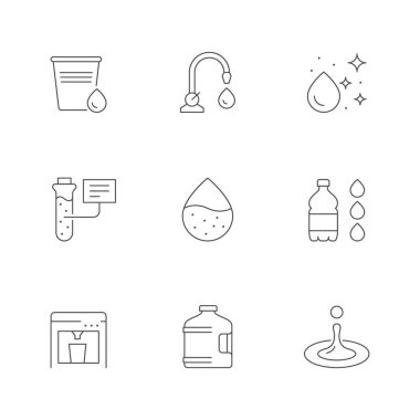 Suyun çizgi simgesini beyaza yalıt. Dispenser şişesi, tap, damla, sıçrama, kimyasal test, soğutucu. Vektör illüstrasyonu