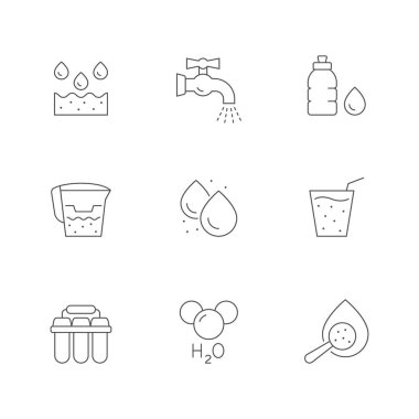 Suyun çizgi simgesini beyaza yalıt. Şişe, tap, damla, cam, kimyasal formül, osmoz filtresi. Vektör illüstrasyonu