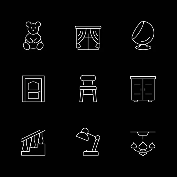 Встановити Піктограми Лінії Домашнього Декору Ізольовано Чорному Яка Іграшка Вікно — стоковий вектор
