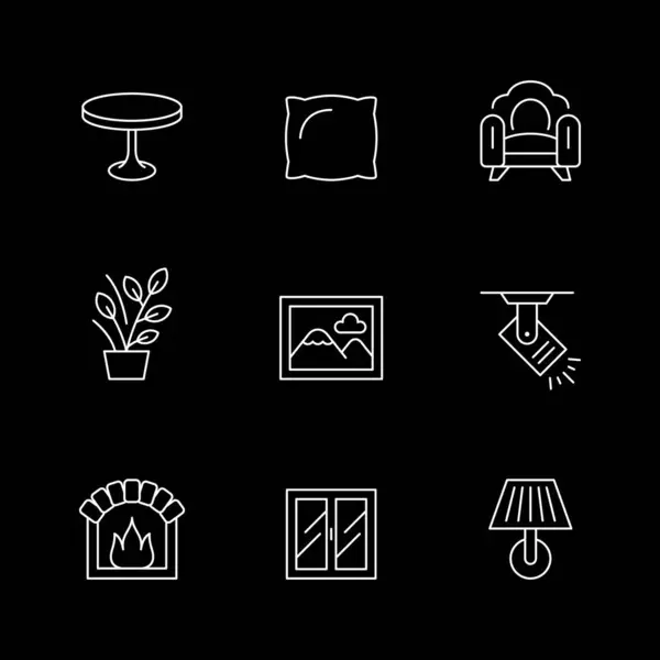 Setzen Sie Zeilensymbole Der Wohnkultur Isoliert Auf Schwarz Couchtisch Kissen — Stockvektor