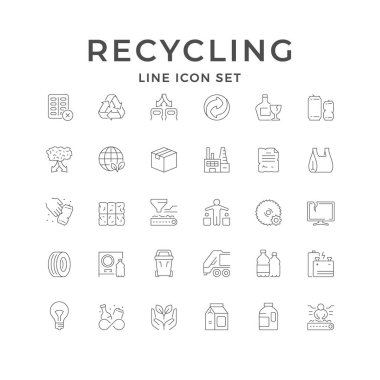 Geri dönüşüm simgelerini beyaza ayır. Plastik şişe, alüminyum kutu, ampul, yeşil gezegen, cam, çöp ayırıcı, geri dönüşüm sembolü. Vektör illüstrasyonu