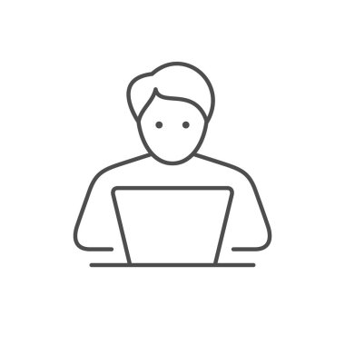 Dizüstü bilgisayar çizgisi simgesindeki kişi beyaza izole edildi. Vektör illüstrasyonu