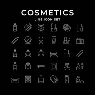 Siyaha izole edilmiş kozmetik ürünleri. Püskürtme, ruj, fırça, şampuan, jel, ayna, parfüm, krem, rimel, deodorant, göz farı. Cilt bakımı. Makyaj. Vektör illüstrasyonu