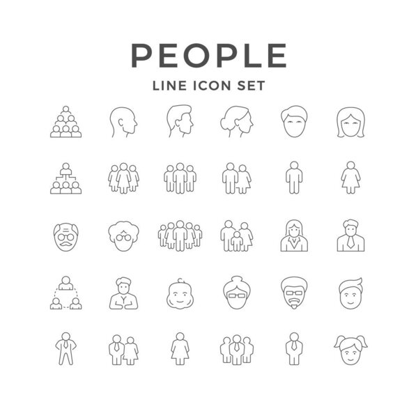 Set line icons of people isolated on white. Senior person, infant, crowd, couple, boy, girl, male and female, child, company stuff. Vector illustration