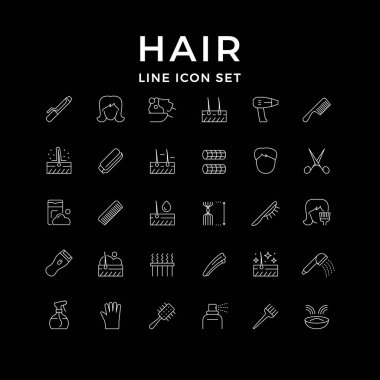 Siyah üzerine izole edilmiş saç çizgisi simgeleri koyun. Saç maşası, eldiven, şampuan, saç kurutma makinesi, tarak, su püskürtücü, makas, güzellik salonu, saç kesimi, berber dükkanı. Vektör illüstrasyonu