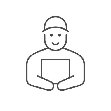 Kutu çizgisi simgesine sahip kurye beyazda izole edildi. Vektör illüstrasyonu