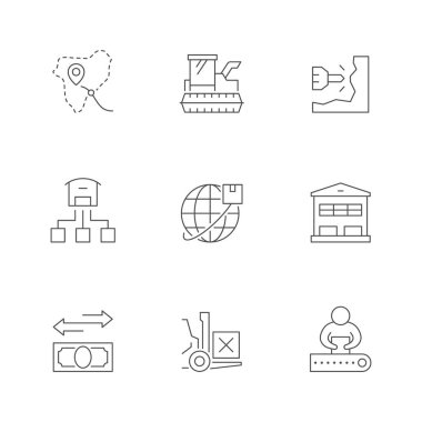 Tedarik zincirinin simgelerini beyaza yalıt. Ülke sınırı, hammadde işleme, dünya lojistiği, depo, taşıyıcı, çatal doldurucu, para transferi. Vektör illüstrasyonu