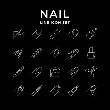 Siyaha izole edilmiş tırnak çizgisi simgeleri. Clipper, nipper, emery board, ayak parmağı ayırıcı, matkap, makas, tırnak sökücü, pedikür, spa prosedürü. Vektör illüstrasyonu